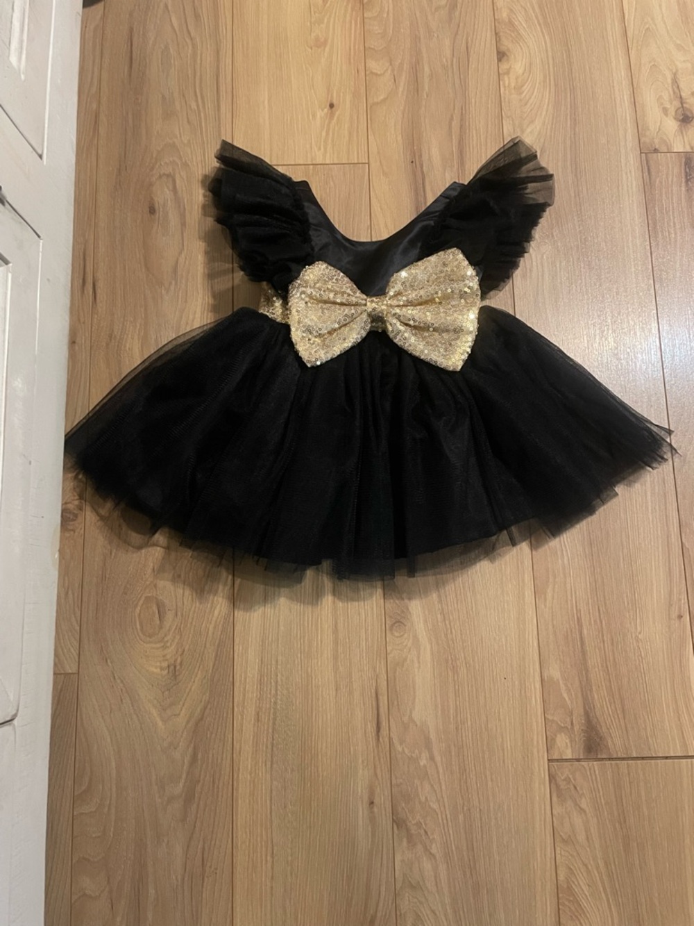 Girls Black Tulle Dance Costume with Gold Sequin Bow